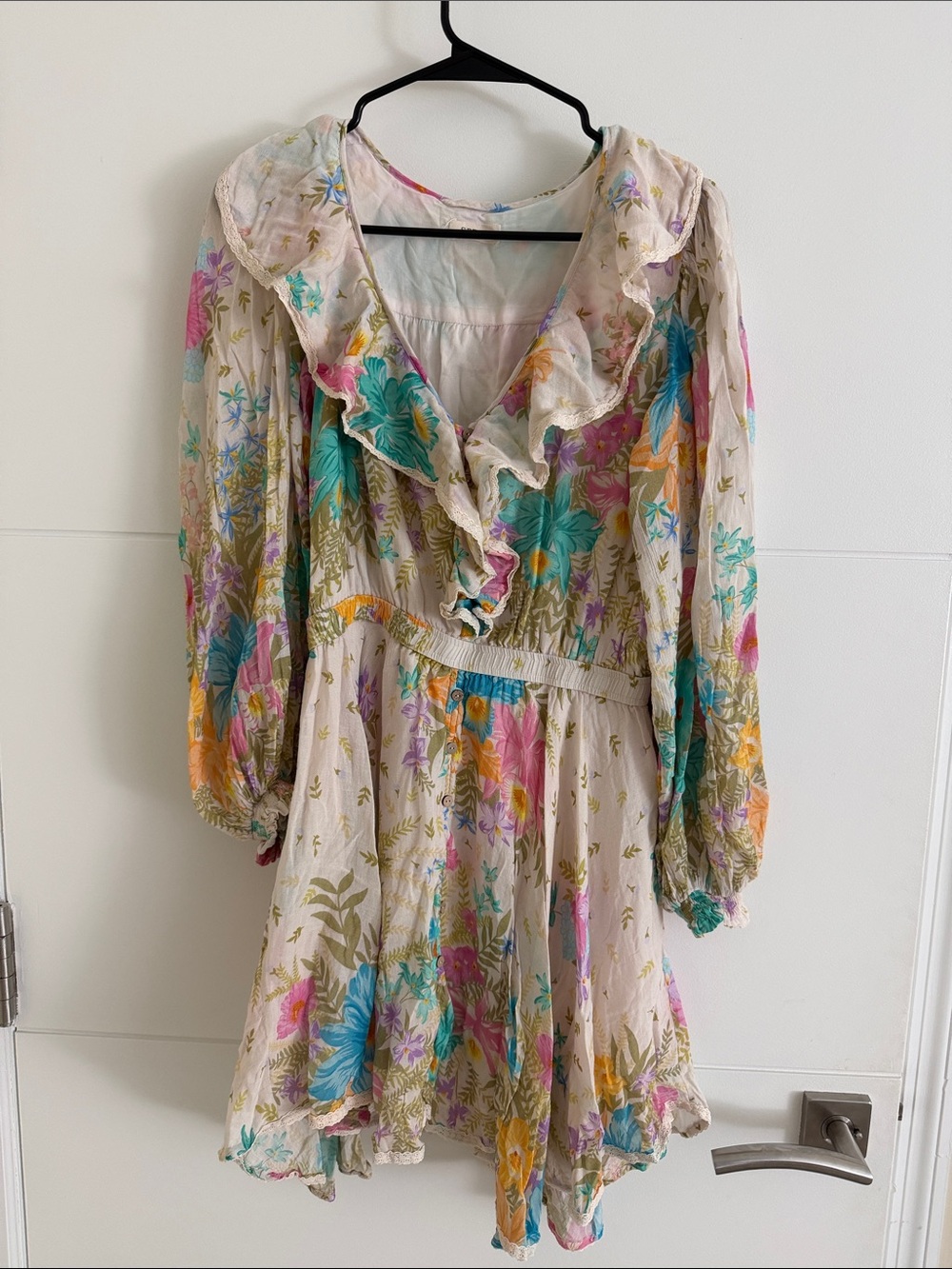 Spell Floral Ruffle V-Neck Mini Dress in Cream